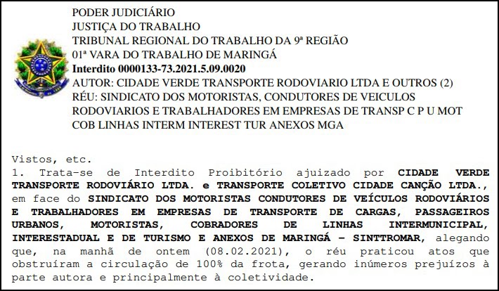 decisao tccc Justiça Trabalhista concede liminar à TCCC e Cidade Verde e proíbe sindicato de impedir a saída de ônibus das garagens