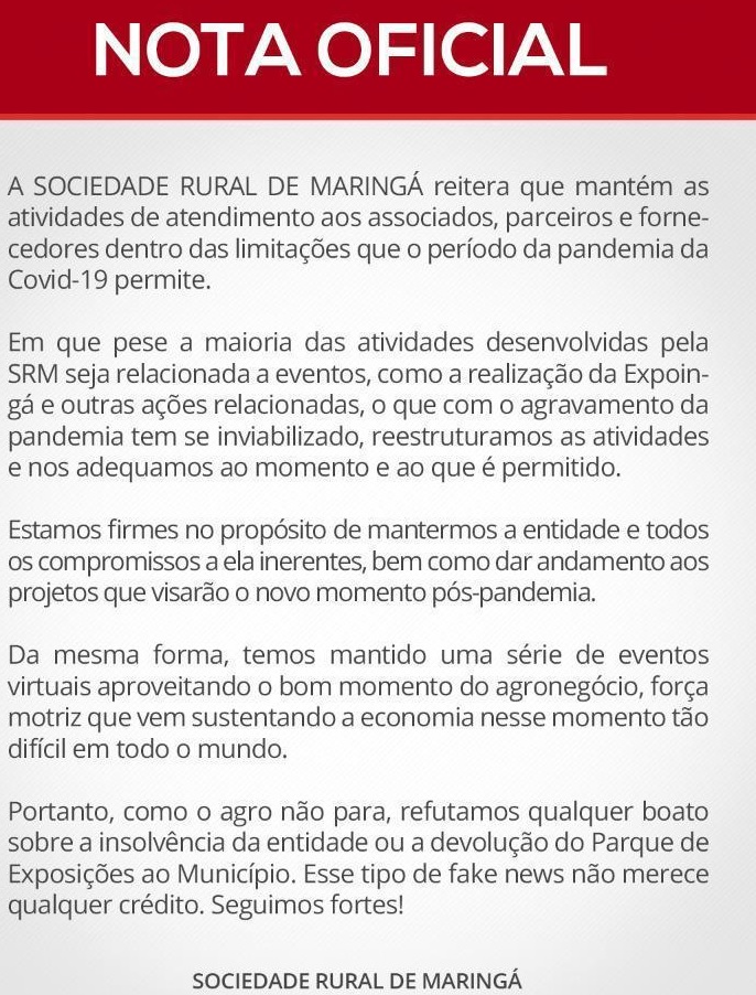 nota sociedade rural Sociedade Rural esclarece boato sobre falência