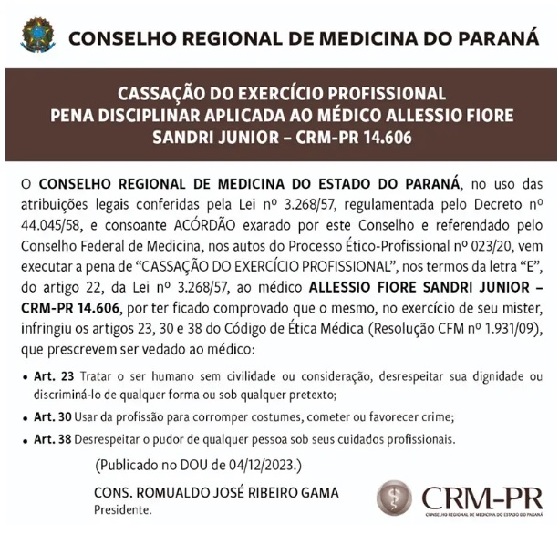 conselho CRM-PR cassa médico acusado de abusar sexualmente de pacientes