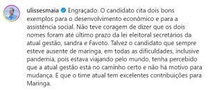 ulisses Jacovós se reúne com Silvio e Ricardo Barros, Ulisses Maia rebate