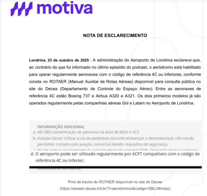 nota Superintendente do aeroporto de Maringá em entrevista afirmou uma informação errada sobre o aeroporto de Londrina