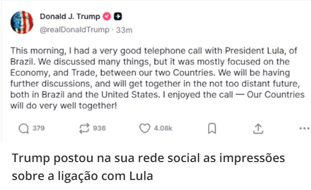 trump ‘Nossos países terão uma parceria muito produtiva’, diz Trump após conversa com Lula