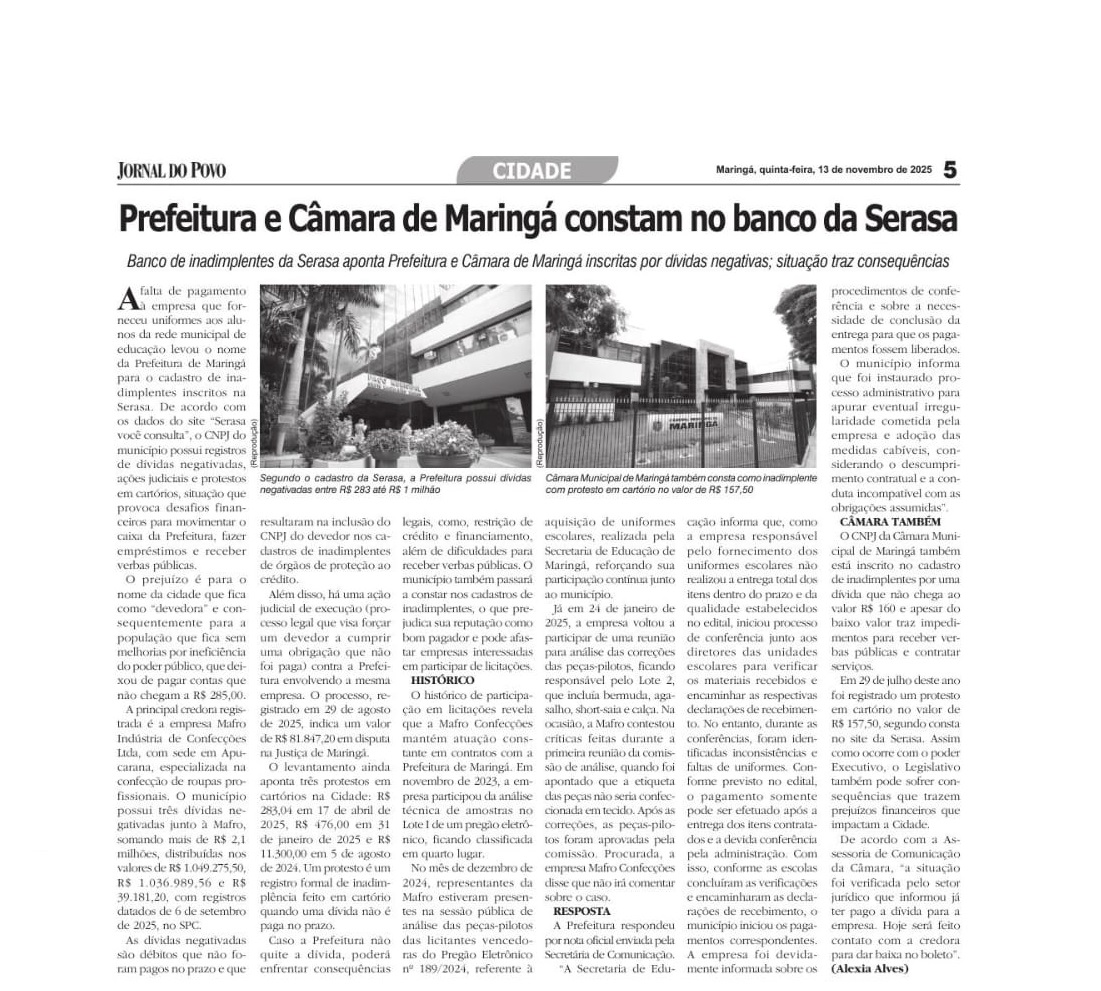 jornal do povo serasa Prefeitura de Maringá consta como inadimplente
