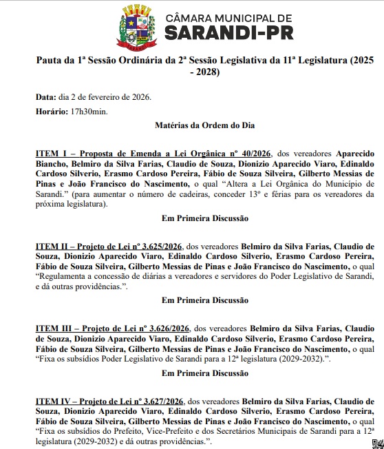 sarandi camara Câmara de Sarandi propõe aumento de vereadores, salários, criação de 13º, férias e retorno de diárias