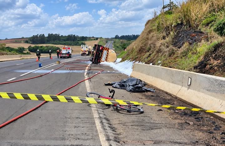 acidente ciclista Ciclista de Maringá morre carbonizado após caminhão-tanque tombar na rodovia